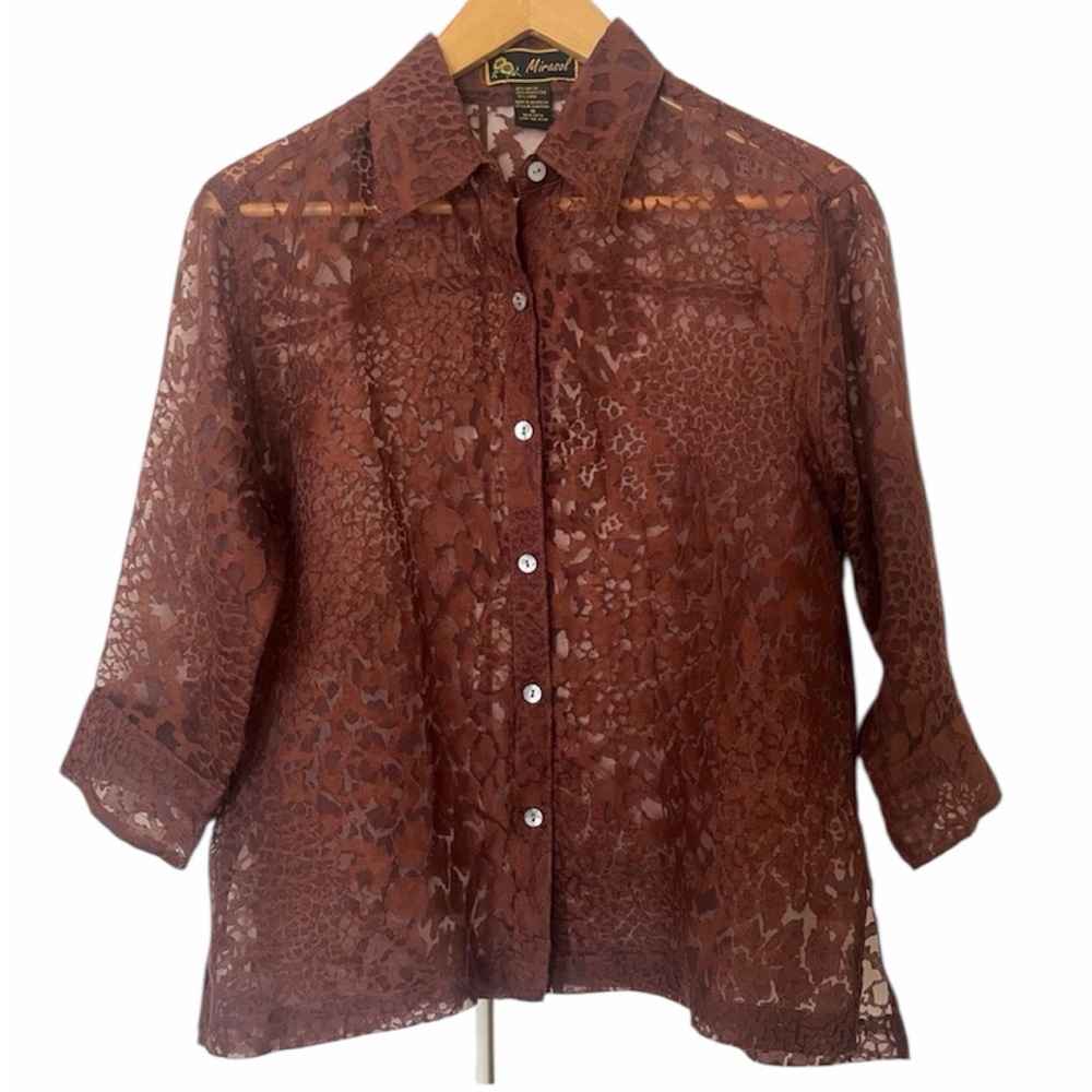 Mirasol Sheer Animal Print Blouse | Medium | Brown |‎ Excellent Condition